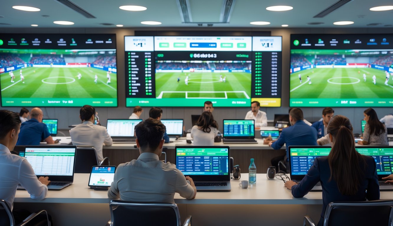 Orang-orang sedang menggunakan perangkat elektronik untuk memasang taruhan bola di ruangan dengan layar besar yang menampilkan pertandingan sepak bola dan statistik.