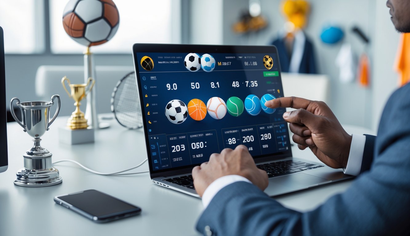Seorang profesional menggunakan laptop dan ponsel di meja kerja dengan tampilan statistik olahraga di layar.