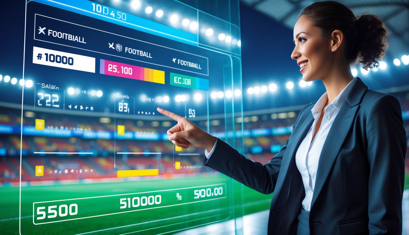 Seseorang menunjuk layar digital yang menampilkan peluang taruhan bola dengan latar belakang stadion sepak bola yang ramai.