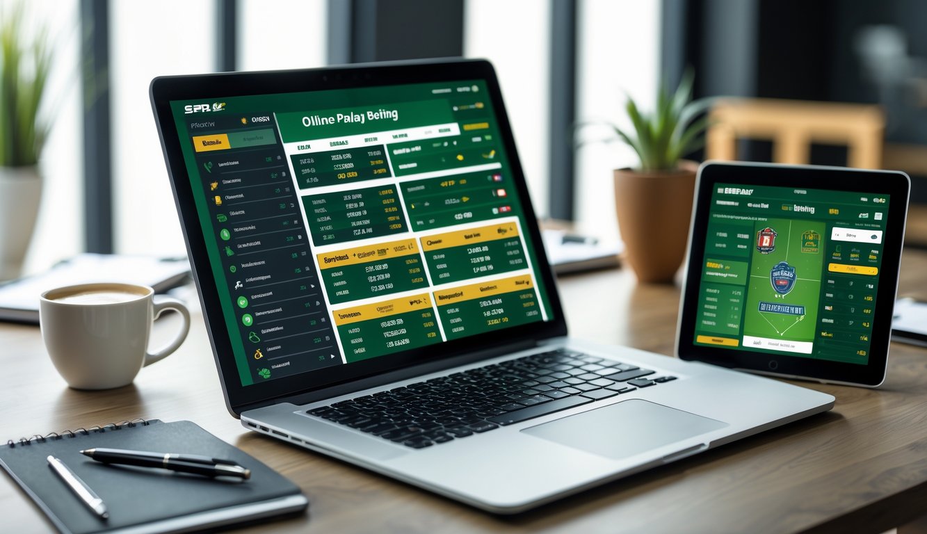 Meja kerja dengan laptop, ponsel, dan tablet yang menampilkan aplikasi taruhan olahraga, dengan cangkir kopi dan alat tulis di sekitarnya.