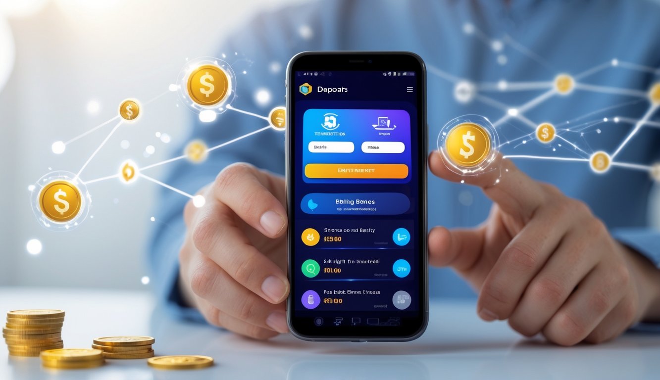 Tangan seseorang memegang ponsel dengan aplikasi taruhan olahraga terbuka, dikelilingi ikon digital dan elemen transaksi online.