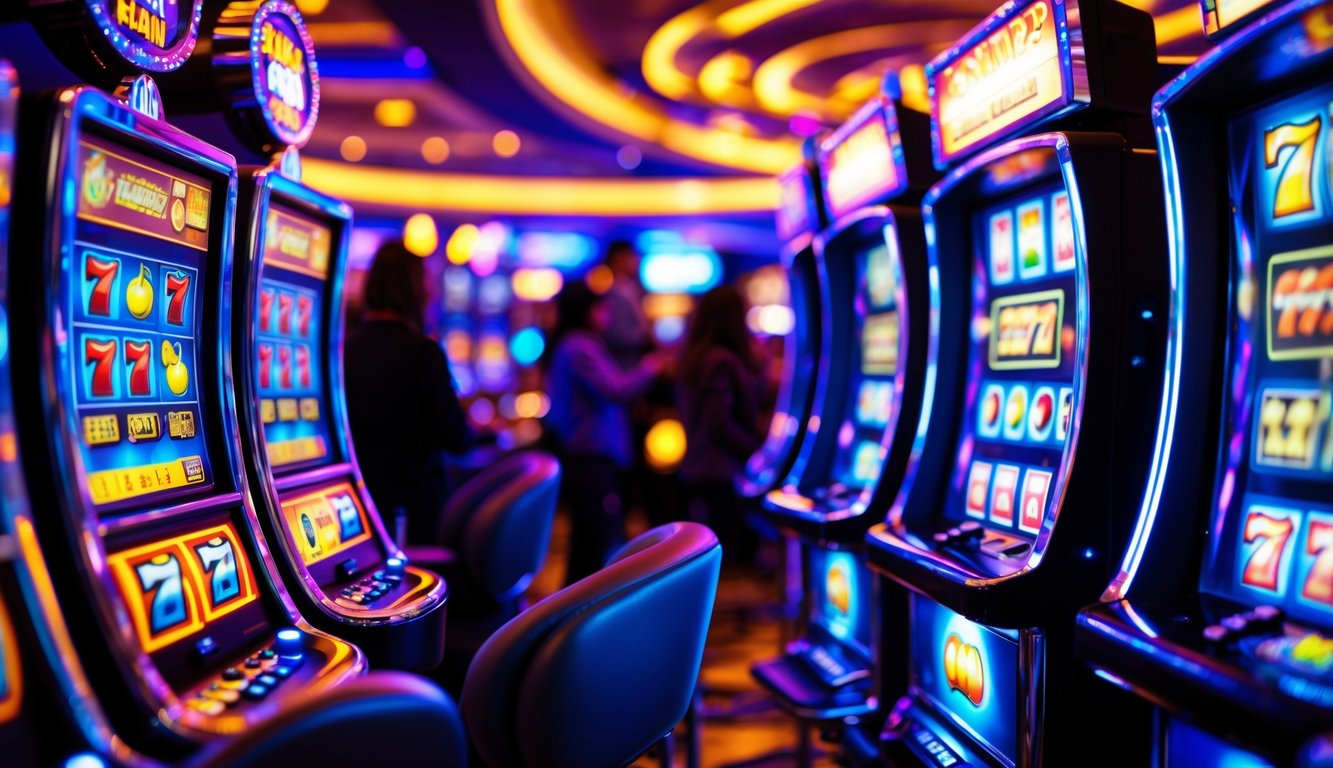 Area mesin slot di kasino dengan lampu warna-warni dan layar digital, menampilkan suasana ramai dan menyenangkan.