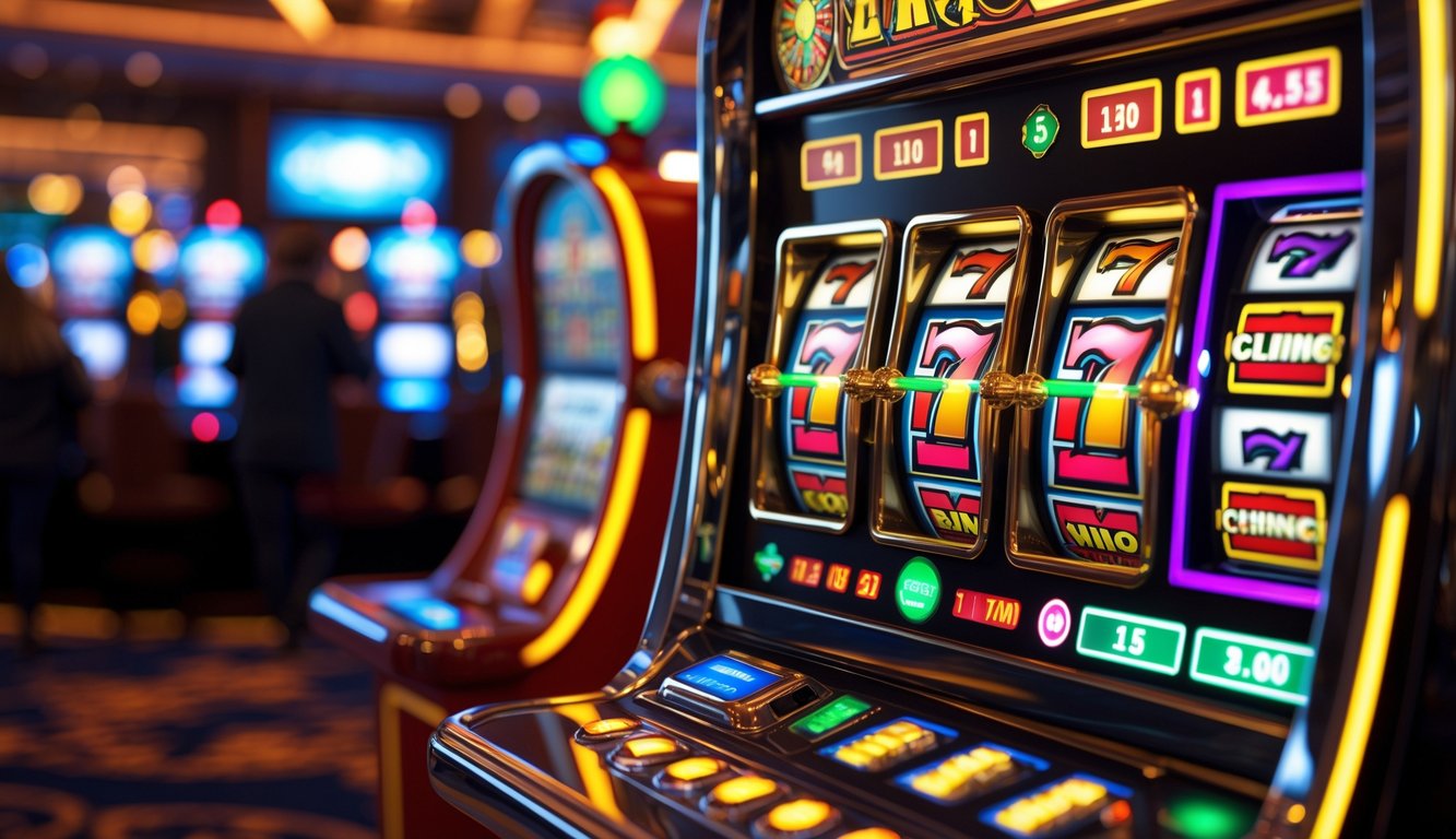 Mesin slot berwarna cerah dengan simbol berputar dan suasana kasino modern di latar belakang.
