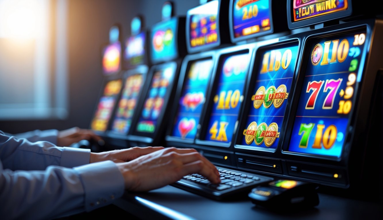 Seseorang menggunakan perangkat digital dengan layar menampilkan permainan slot yang berwarna-warni dan menarik.