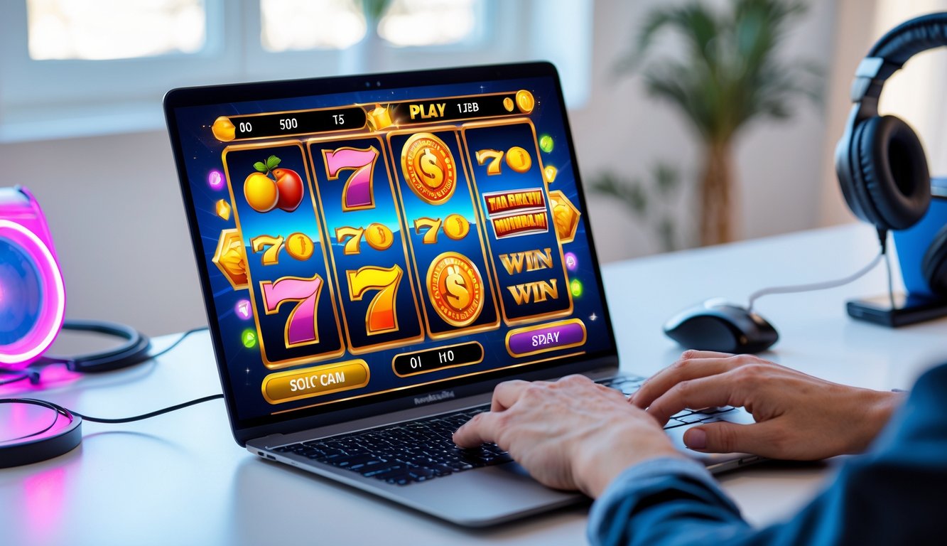 Seseorang menggunakan laptop dengan tampilan permainan slot online yang menunjukkan kemenangan besar.