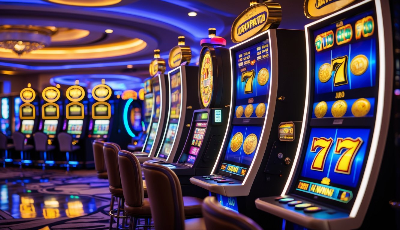 Area mesin slot kasino modern yang terang dengan mesin slot berwarna-warni dan suasana yang menarik.