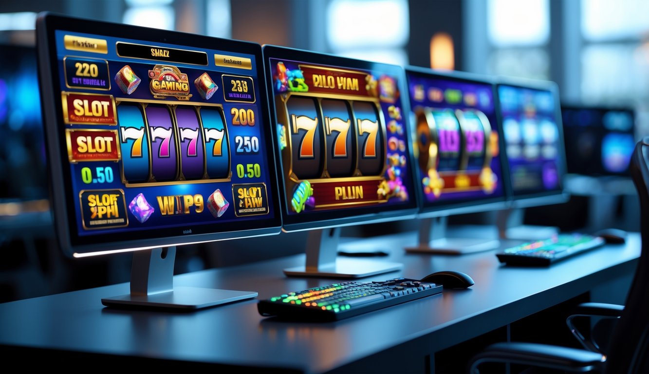 Meja kerja modern dengan beberapa monitor menampilkan permainan mesin slot digital yang berwarna-warni di lingkungan kantor kontemporer.