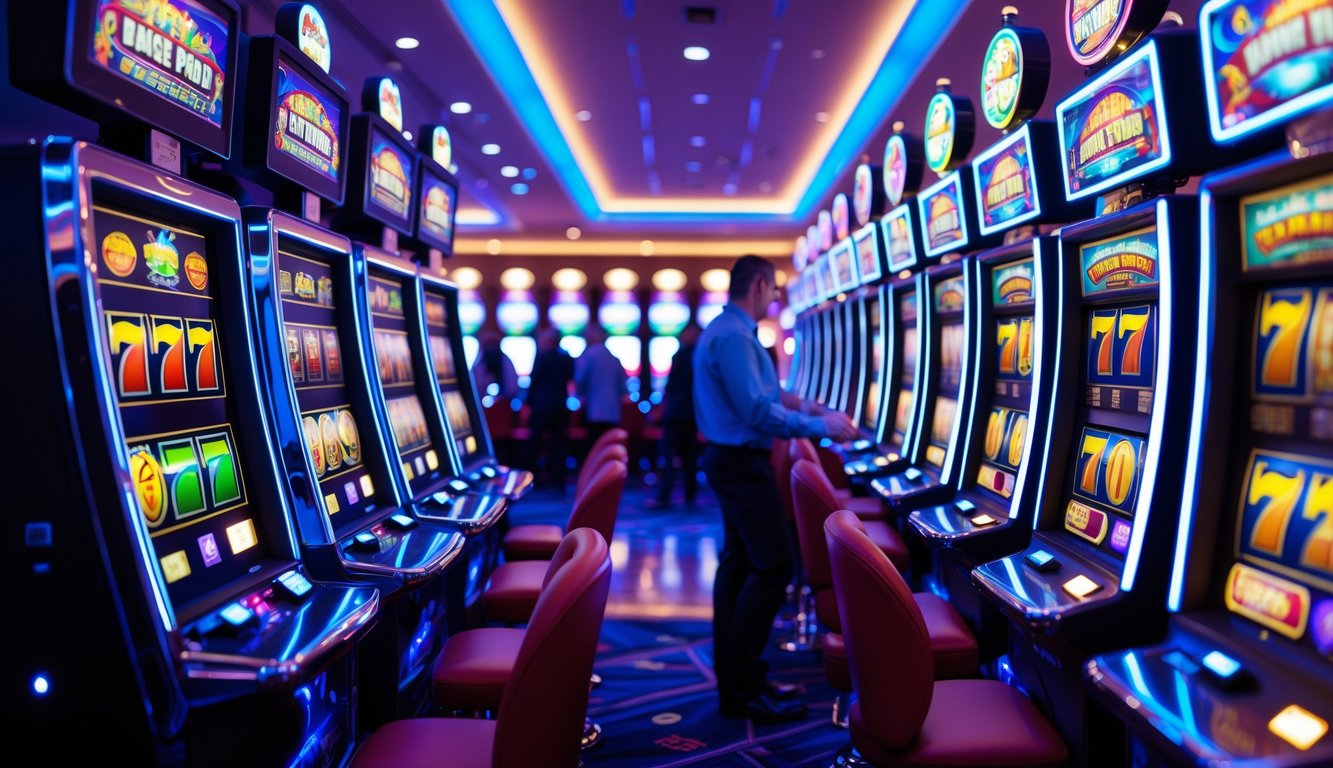 Suasana kasino modern dengan deretan mesin slot yang menyala dan beberapa pemain sedang bermain.