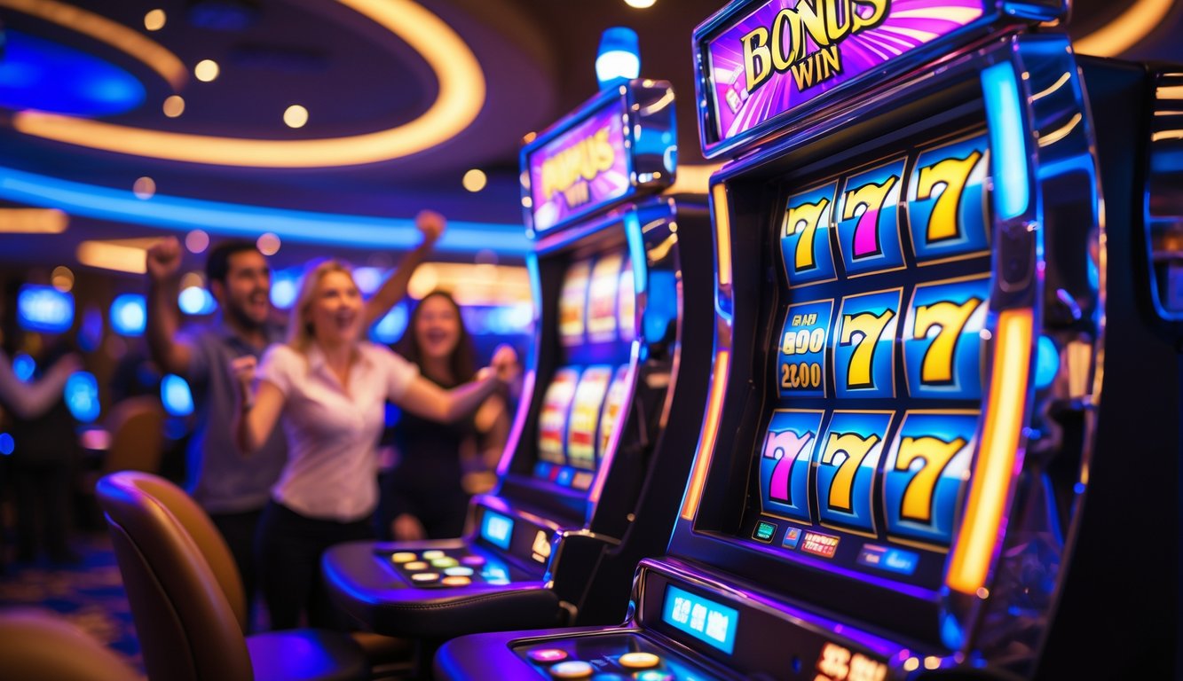 Orang-orang di kasino yang sedang merayakan kemenangan di mesin slot yang menyala dengan lampu warna-warni.