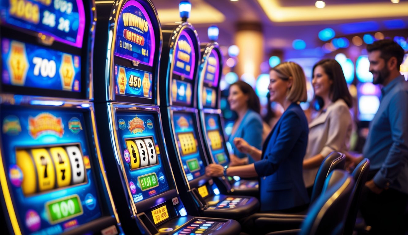 Suasana kasino modern dengan beberapa mesin slot yang menyala dan orang-orang sedang bermain dengan antusias.
