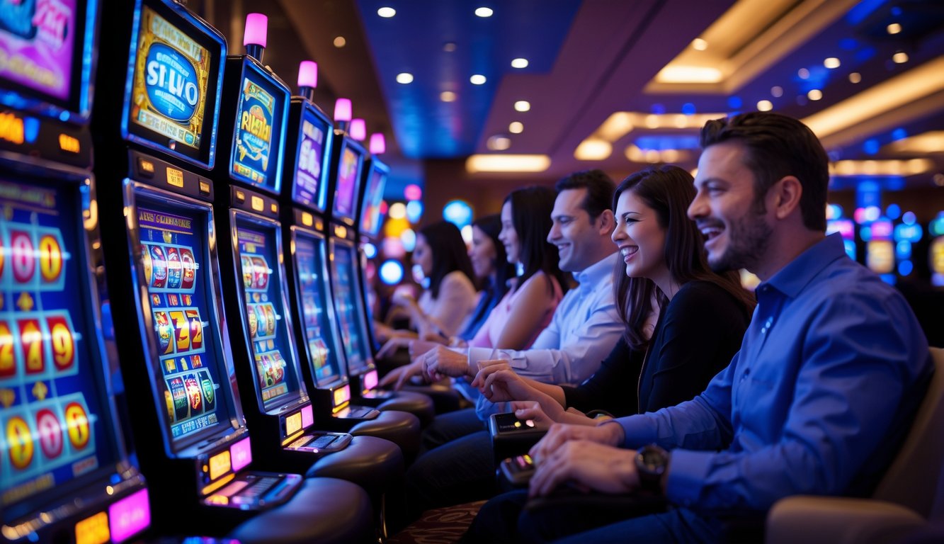 Suasana kasino malam hari dengan mesin slot menyala dan orang-orang bermain slot dengan ekspresi fokus dan senang.
