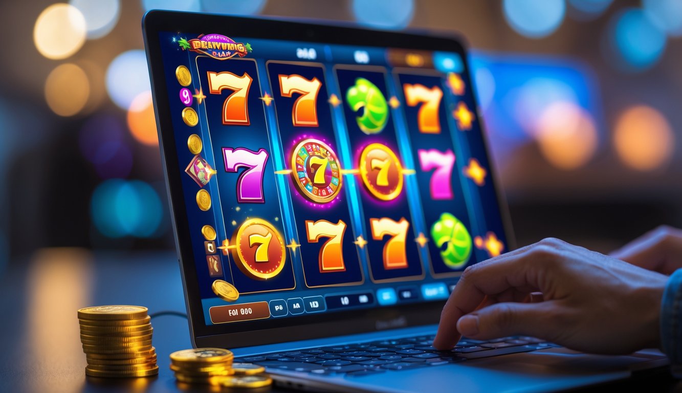 Seseorang menggunakan komputer dengan tampilan permainan slot online yang berwarna-warni dan menarik.