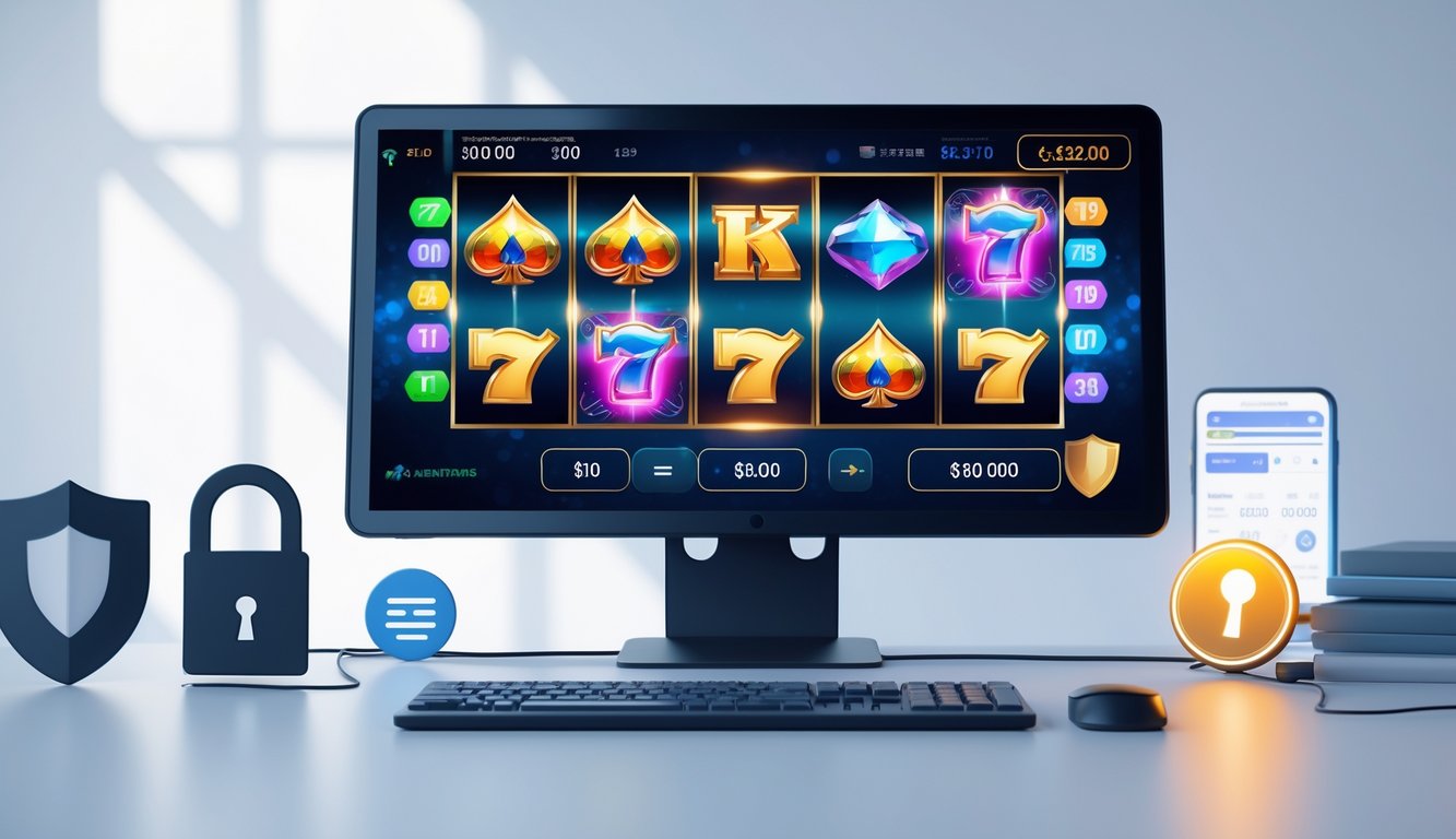 Sebuah ruang kerja modern dengan komputer menampilkan permainan slot online yang berwarna-warni dan elemen keamanan digital di sekitarnya.