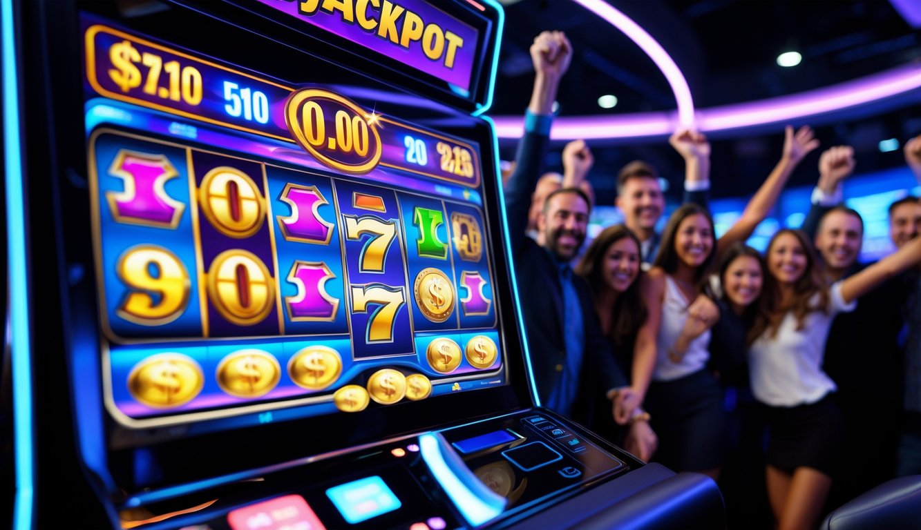 Orang-orang merayakan kemenangan jackpot besar pada mesin slot online dengan koin dan simbol digital yang keluar dari layar mesin.
