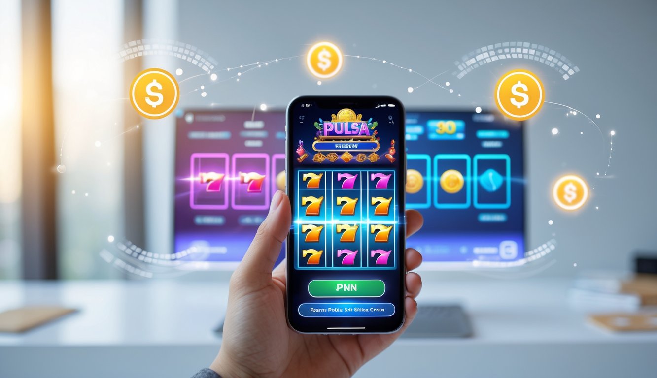 Seseorang memegang ponsel yang menampilkan permainan slot online dengan ikon pulsa di latar belakang.