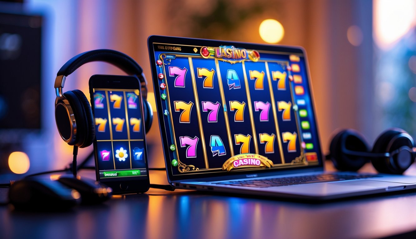Sebuah komputer dengan layar menampilkan permainan slot online yang berwarna-warni dan berbagai simbol klasik, dikelilingi oleh aksesori gaming di meja.