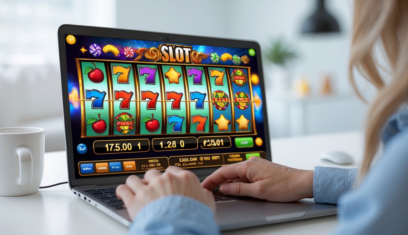 Seorang pengguna berinteraksi dengan laptop yang menampilkan permainan slot online dengan simbol warna-warni di layar.