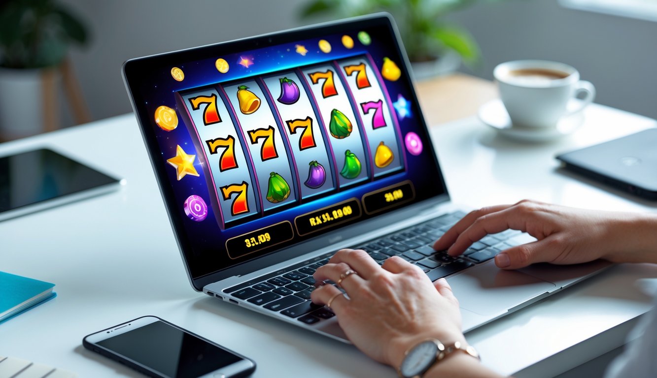 Seseorang menggunakan laptop dengan tampilan permainan slot online yang menunjukkan kombinasi kemenangan di layar.