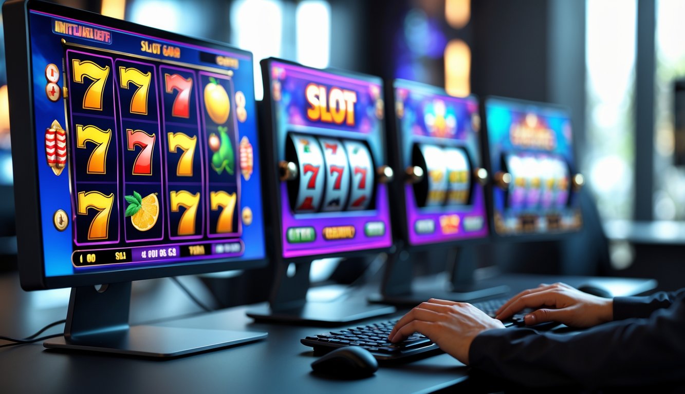 Seseorang bermain permainan slot online di komputer dengan beberapa layar yang menampilkan permainan slot berwarna-warni.