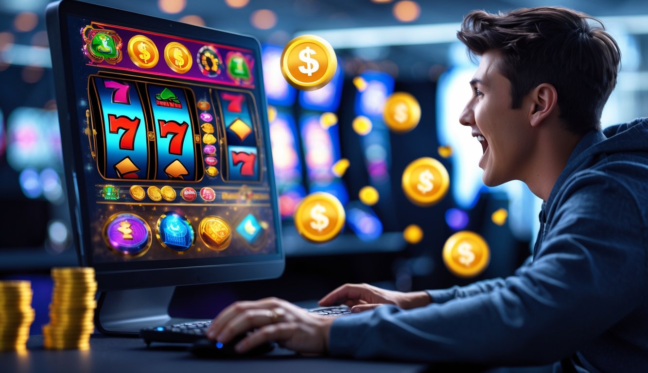 Seorang pemain muda sedang bermain mesin slot online di depan komputer dengan latar belakang simbol koin dan hadiah.