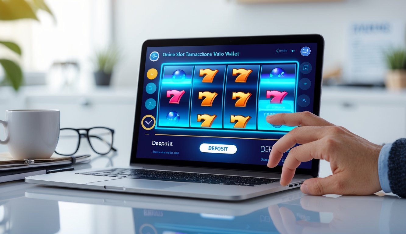 Tangan sedang menggunakan ponsel dengan tampilan permainan slot online dan suasana meja kerja yang rapi.