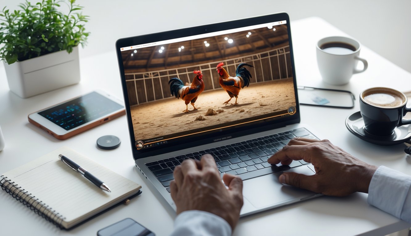 Seseorang menggunakan perangkat digital untuk menonton pertarungan ayam jago secara online.