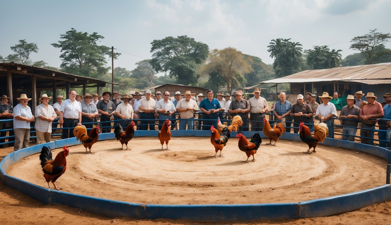 Suasana acara sabung ayam resmi di arena terbuka dengan penonton dan petugas yang memegang ayam jago.