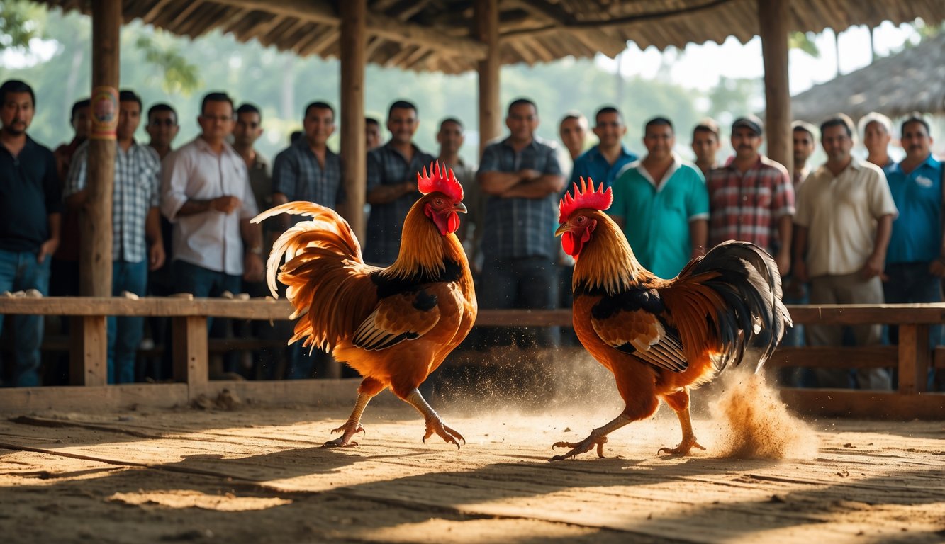 Dua ayam jago sedang bertarung di arena kayu dengan penonton yang fokus menyaksikan di sekitarnya.
