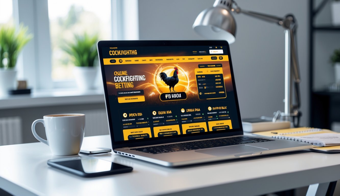 Seseorang menggunakan laptop di meja kerja dengan tampilan situs taruhan sabung ayam online di layar.