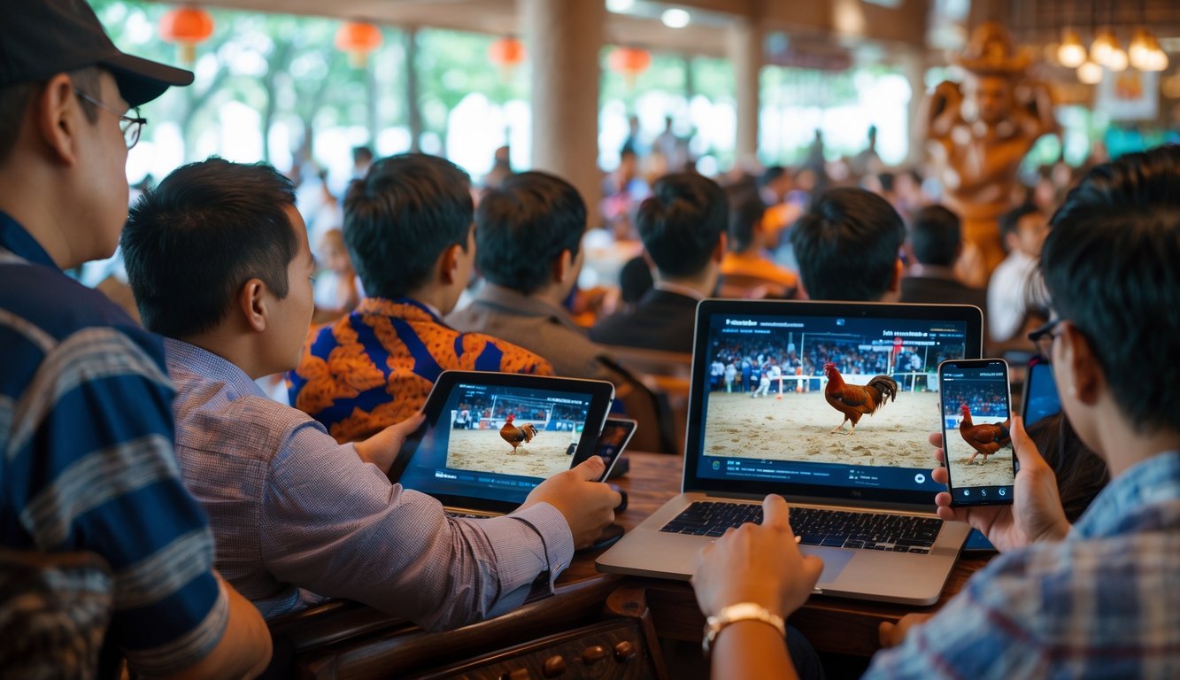 Sekelompok orang menonton siaran langsung pertandingan sabung ayam menggunakan perangkat digital di dalam ruangan.