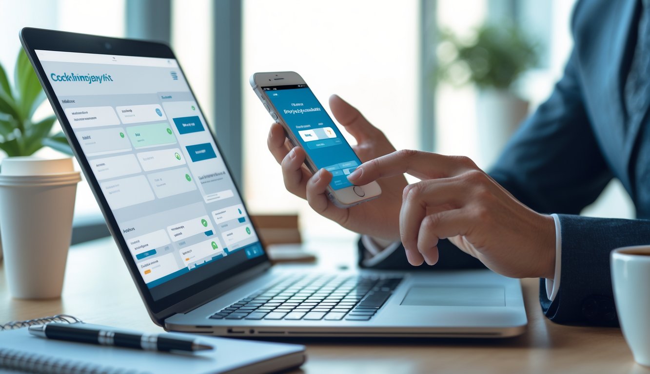 Seseorang menggunakan ponsel dan laptop di kantor modern untuk melakukan transaksi keuangan dengan cepat.
