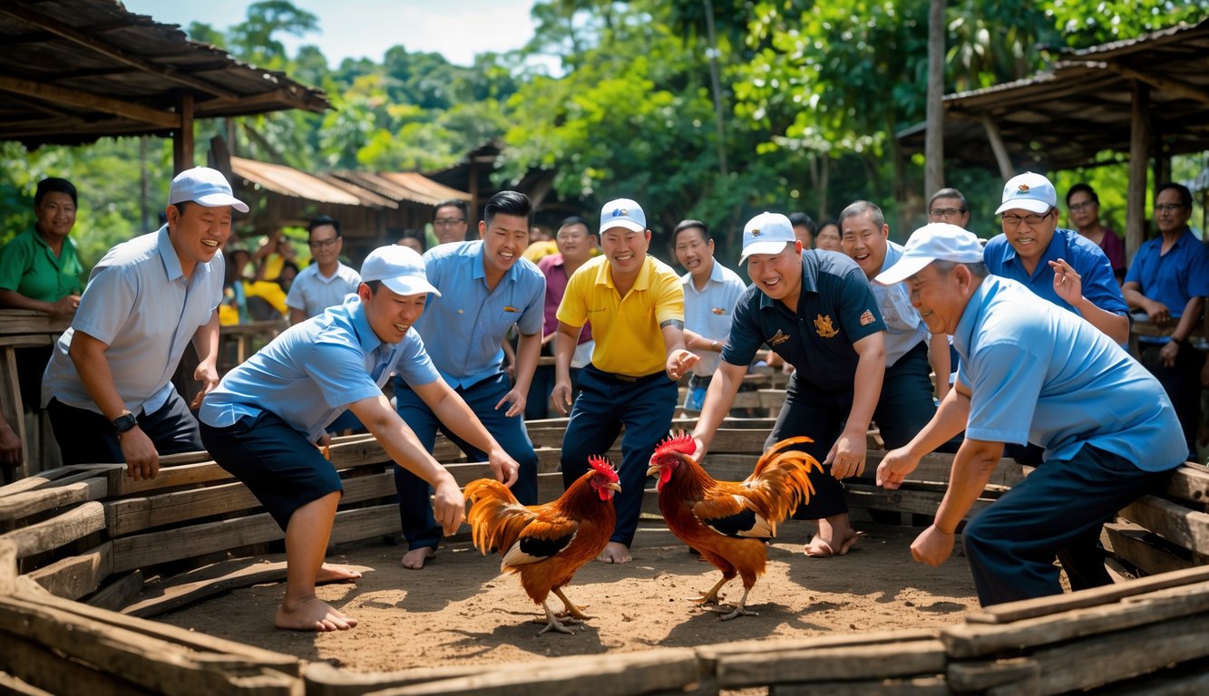 Sekelompok anggota baru yang antusias menyaksikan sabung ayam di arena luar ruangan dengan latar belakang pepohonan hijau.