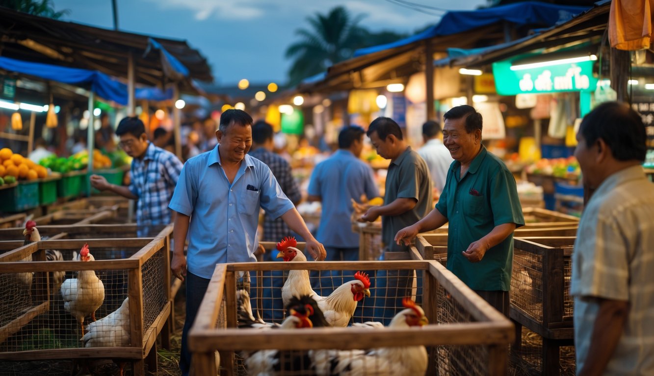 Suasana pasar sabung ayam 24 jam dengan beberapa pria berdiskusi di dekat kandang ayam jago di pasar terbuka saat senja.