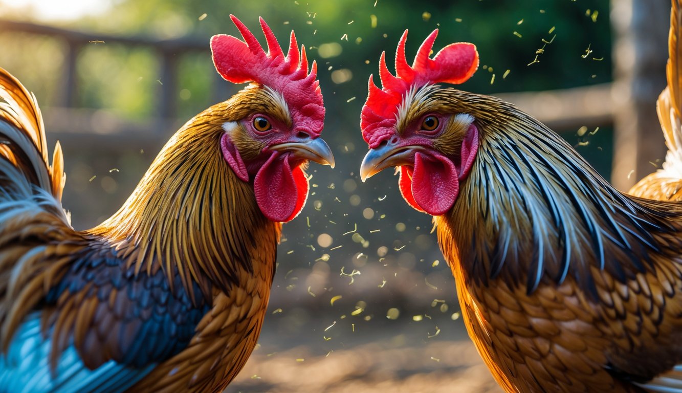 Dua ayam jago sedang bertarung di luar ruangan dengan latar belakang tanaman hijau dan cahaya matahari.