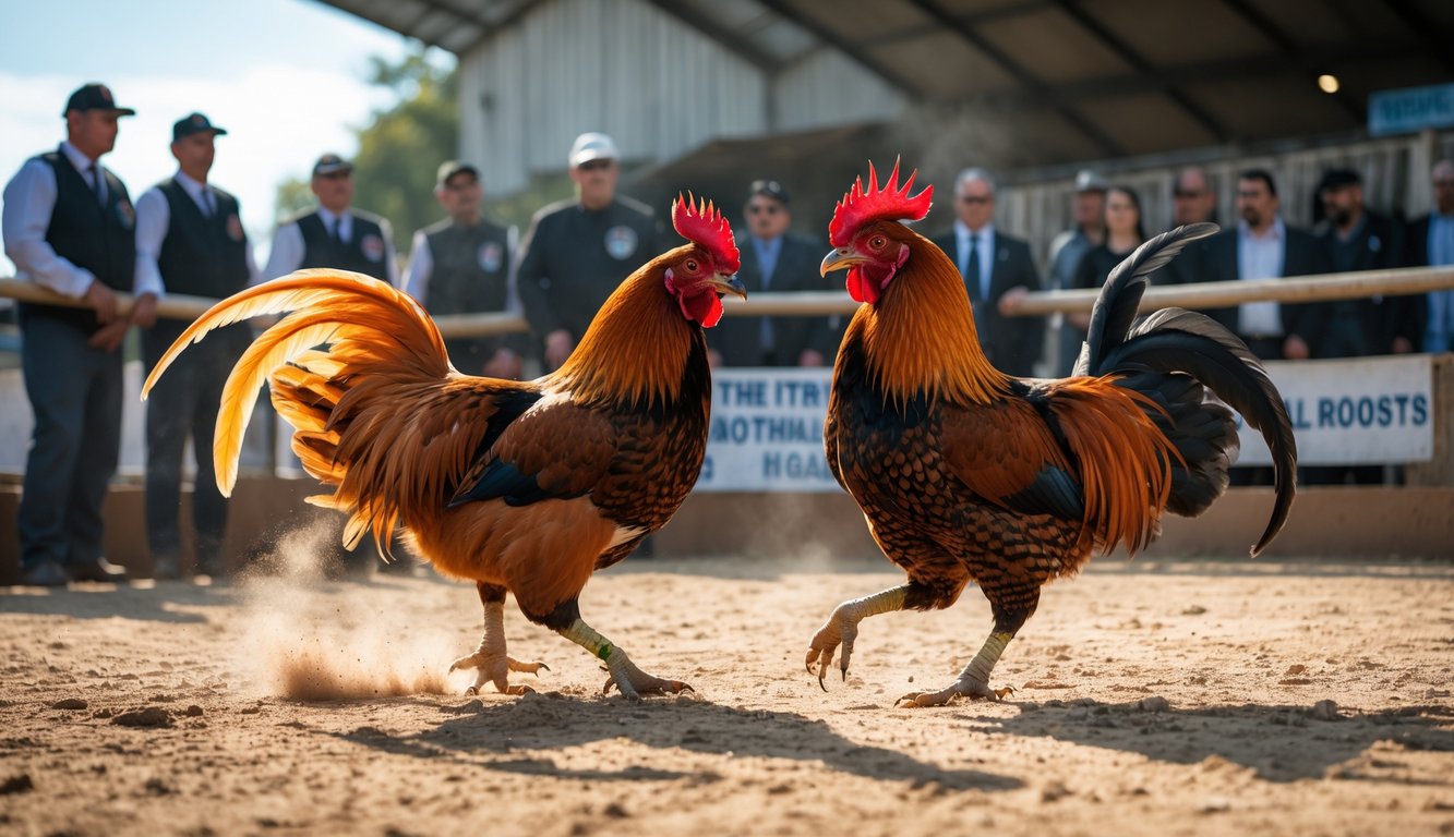 Dua ayam jago bertarung di arena yang aman dan legal dengan beberapa penonton dan petugas yang mengawasi.