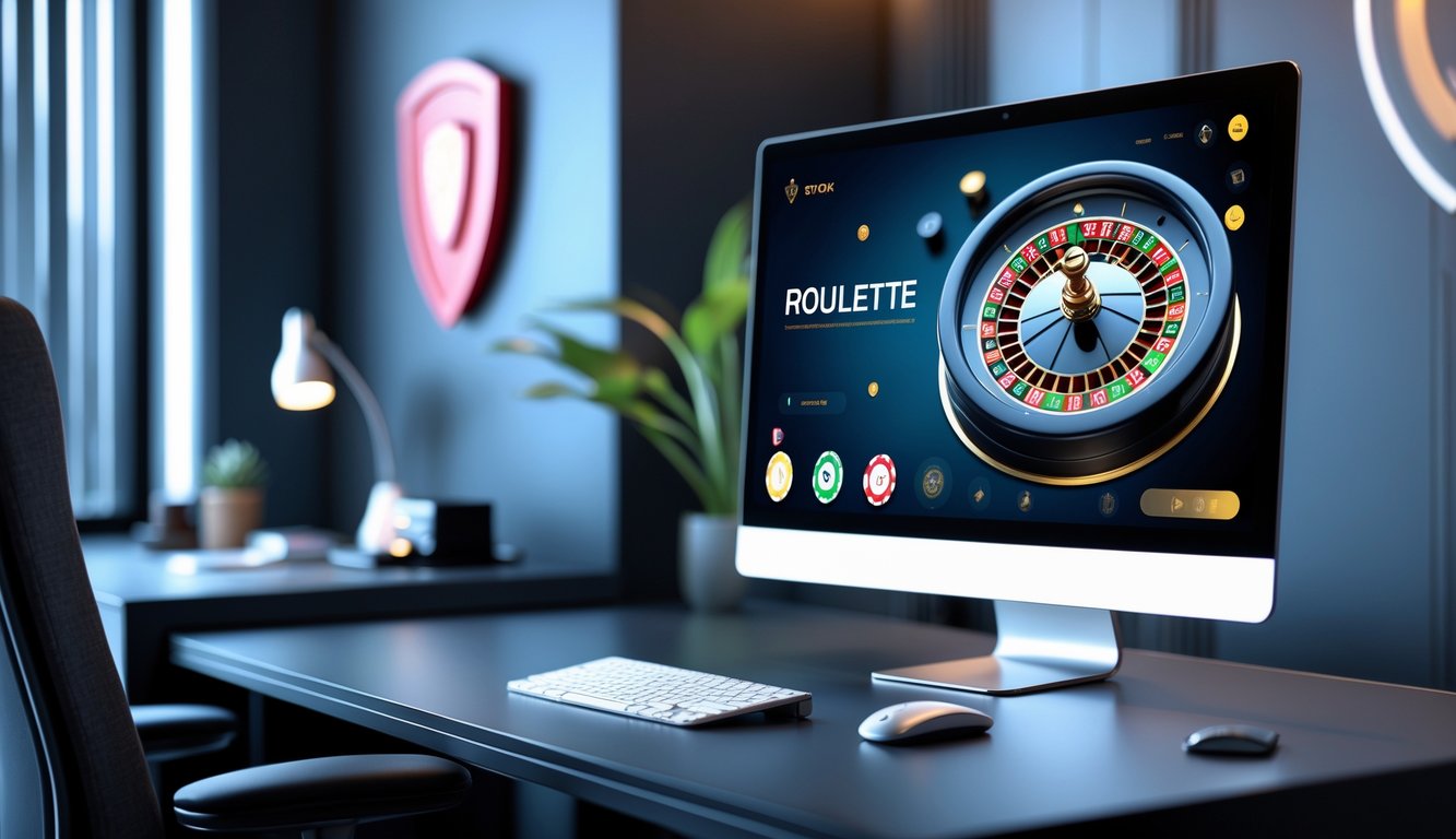 Sebuah komputer menampilkan permainan roulette online dengan latar ruang kerja modern dan pencahayaan yang terang.