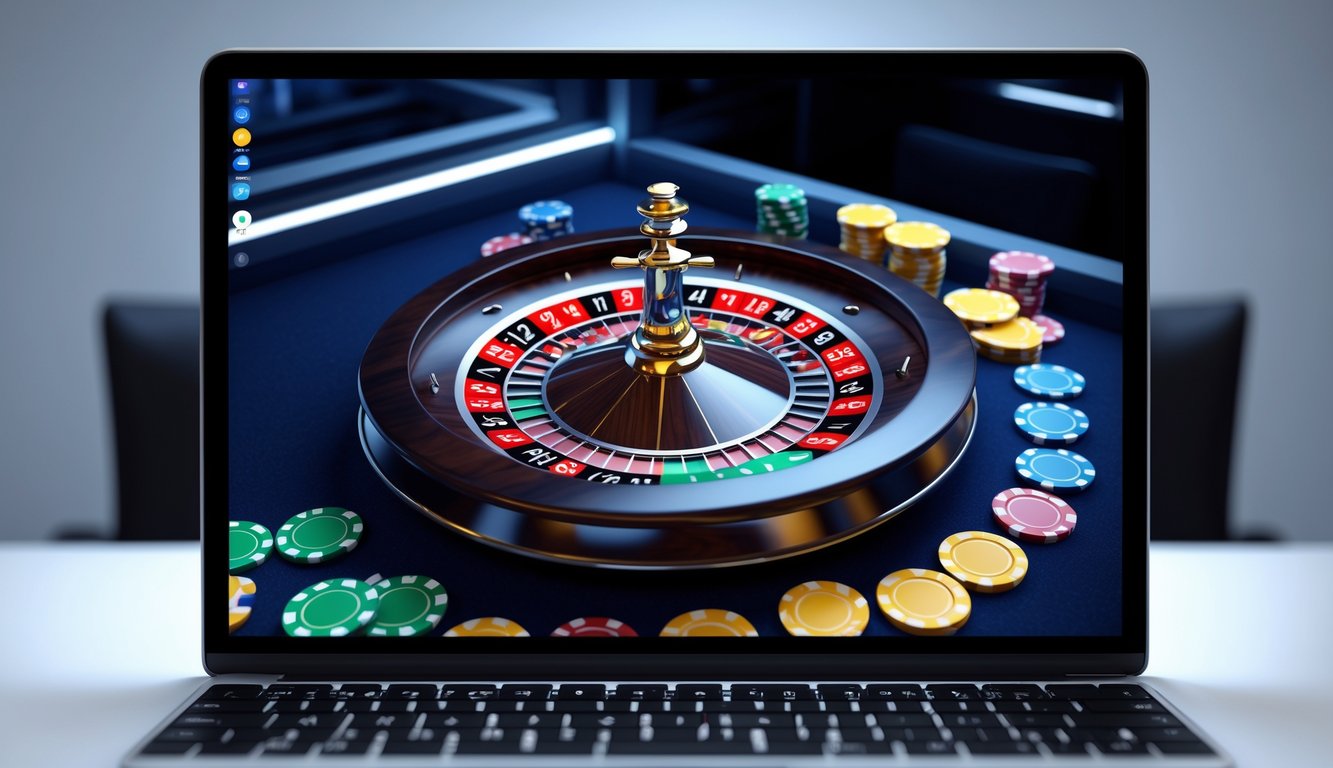 Sebuah perangkat elektronik menampilkan permainan roulette online dengan chip warna-warni dan roda roulette yang berputar.