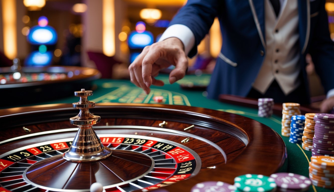 Meja roulette kasino dengan roda berputar dan tangan dealer yang siap melempar bola.