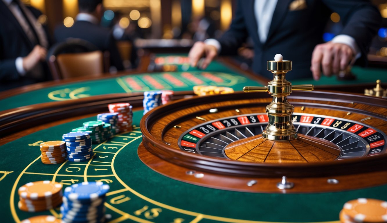 Meja permainan roulette langsung di kasino dengan roda roulette, bola putih, dan tumpukan chip taruhan.