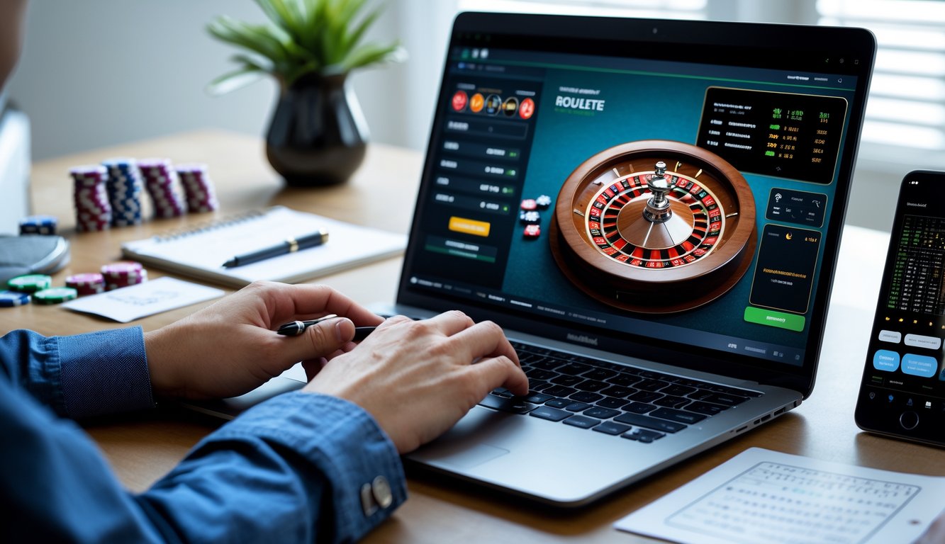 Seseorang menggunakan laptop dengan tampilan roda roulette online dan alat tulis di meja untuk merencanakan strategi permainan roulette.