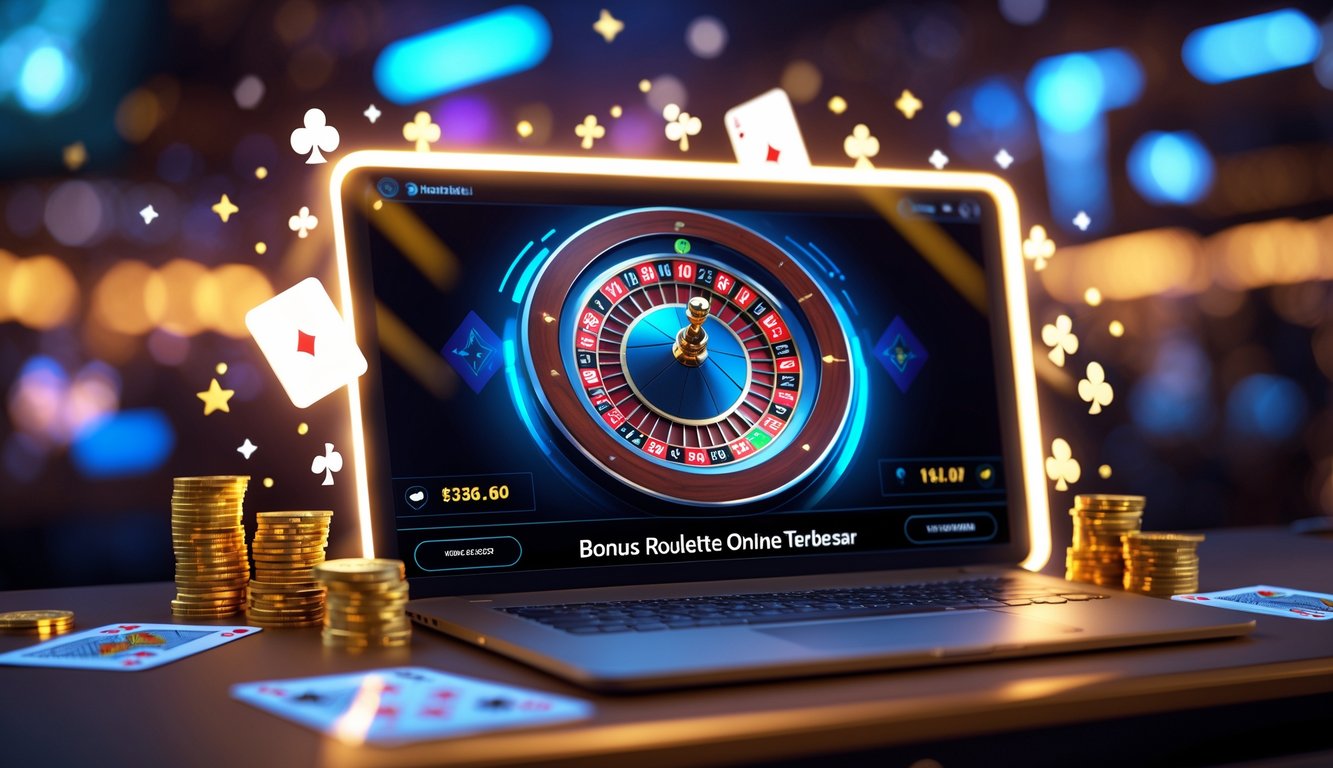 Sebuah layar komputer menampilkan permainan roulette online dengan roda roulette digital dan chip kasino di sekitarnya.