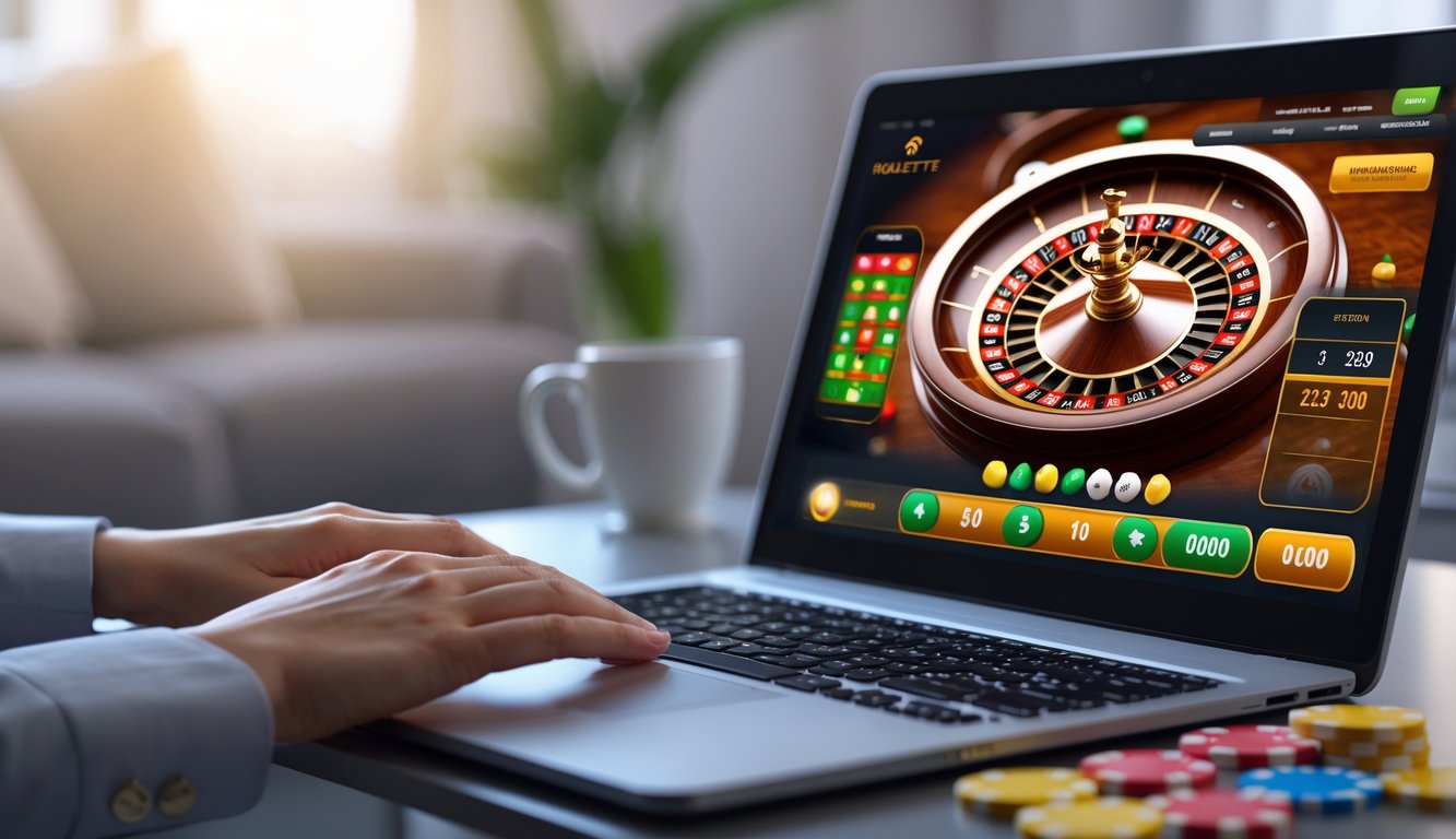 Seseorang menggunakan komputer dengan tampilan roda roulette digital dan chip taruhan di layar.