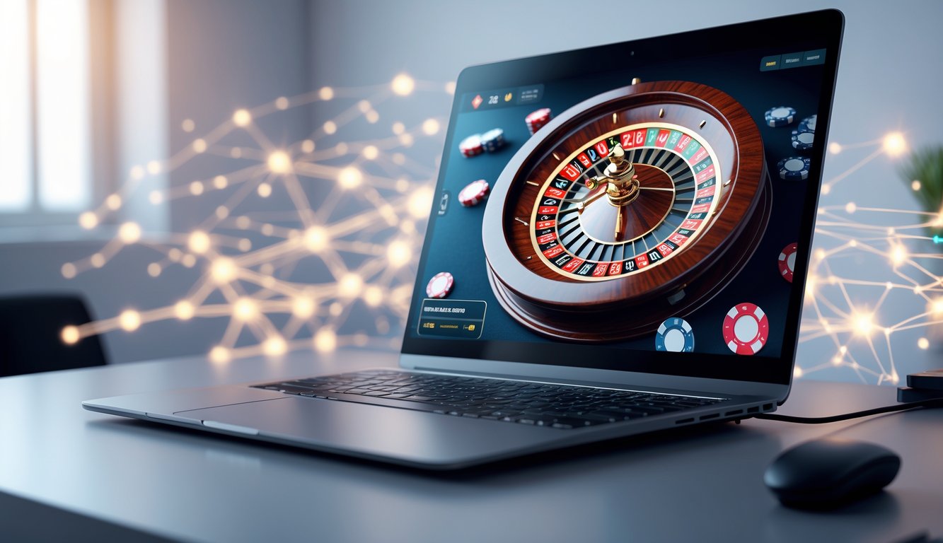 Sebuah layar komputer menampilkan roda roulette yang berputar dengan latar belakang minimalis dan elemen digital yang menunjukkan permainan roulette online.