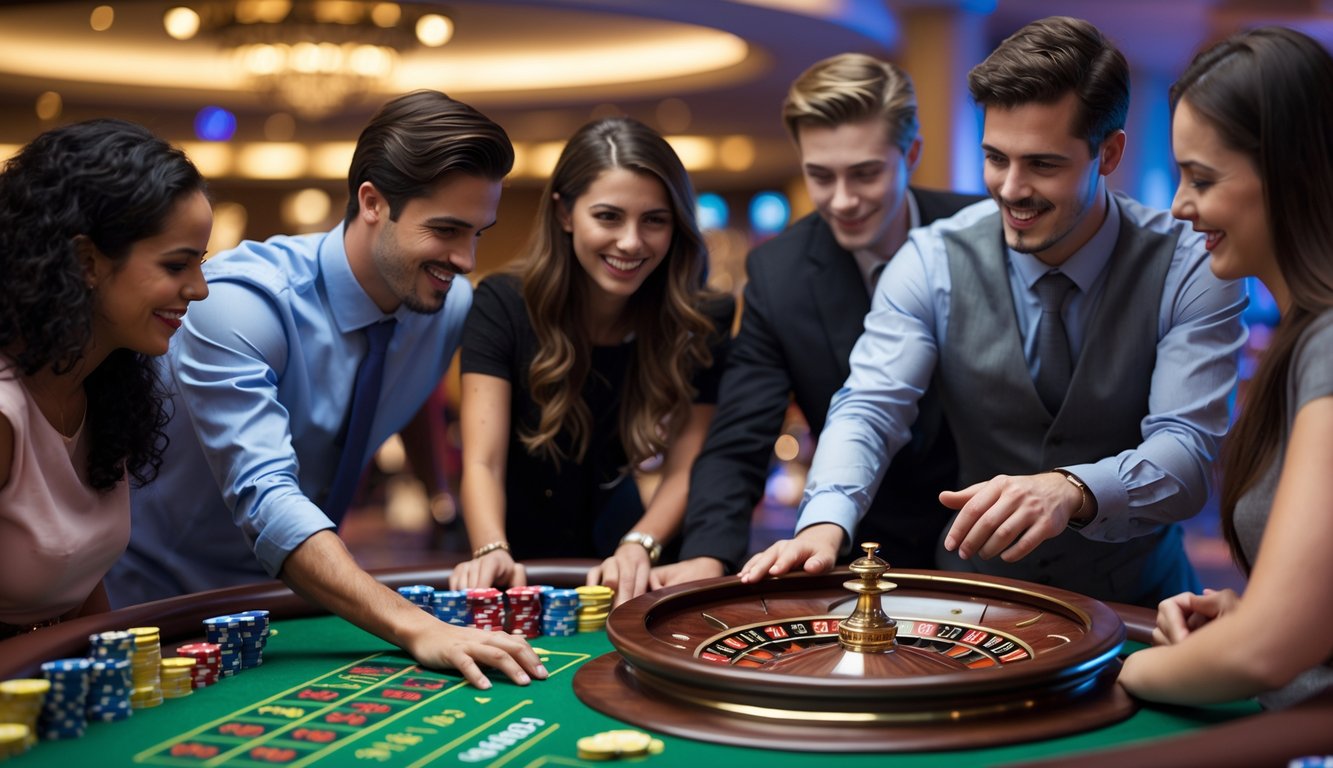 Meja roulette di kasino dengan beberapa orang yang sedang belajar bermain bersama seorang dealer.