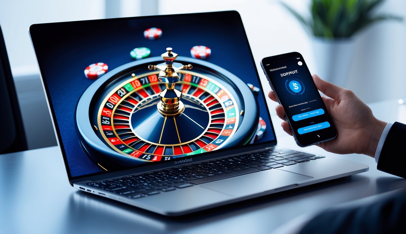 Seseorang menggunakan laptop dan ponsel untuk bermain roulette online dengan metode deposit pulsa tanpa potongan.