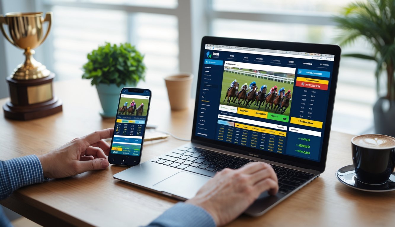 Seorang pengguna sedang menggunakan laptop dan ponsel untuk memasang taruhan balap kuda online di meja kerja yang terang dan rapi.