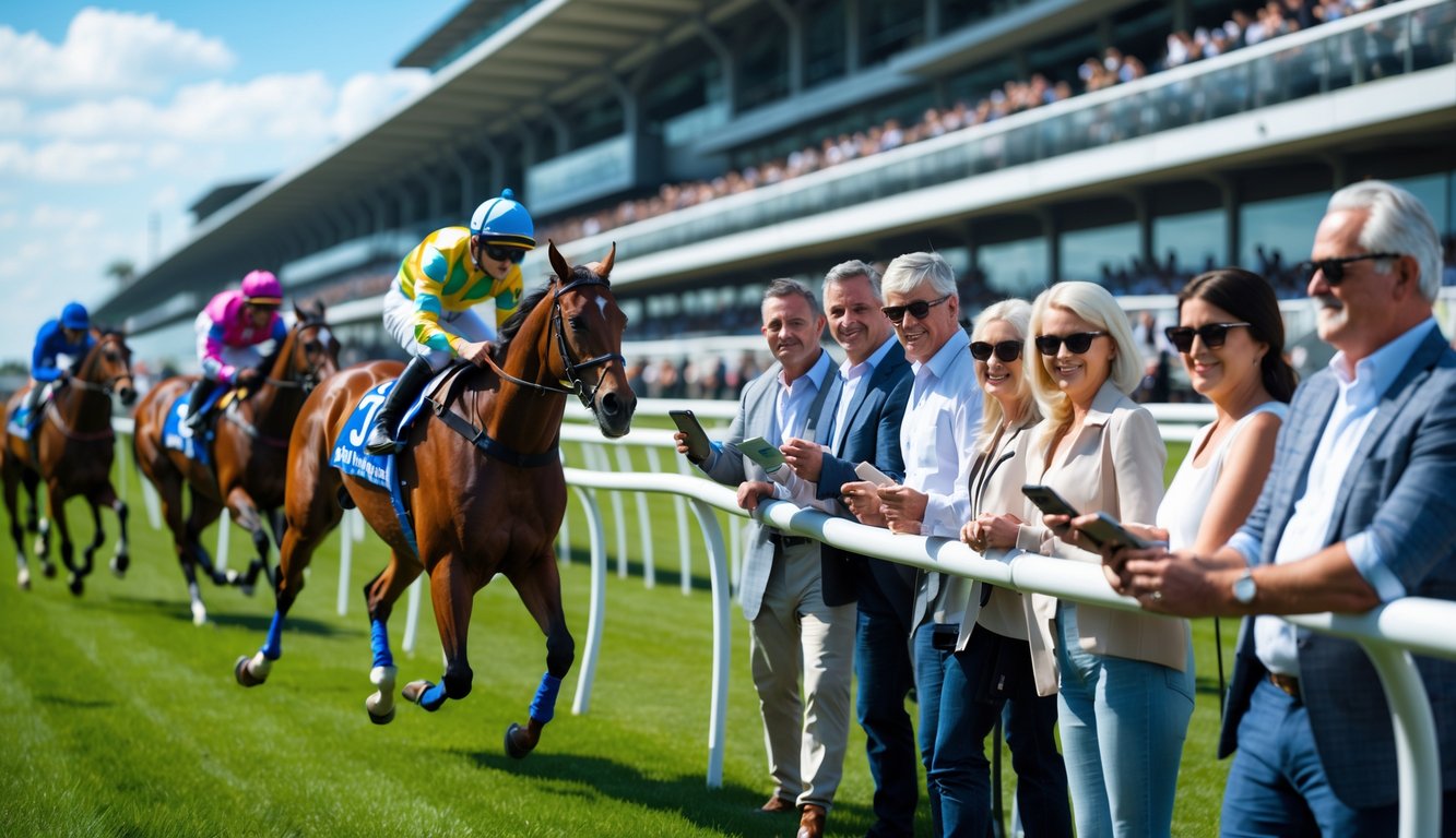 Orang-orang menonton balapan kuda di lintasan dengan kuda dan joki yang sedang berlari, suasana ramai dan penuh semangat.