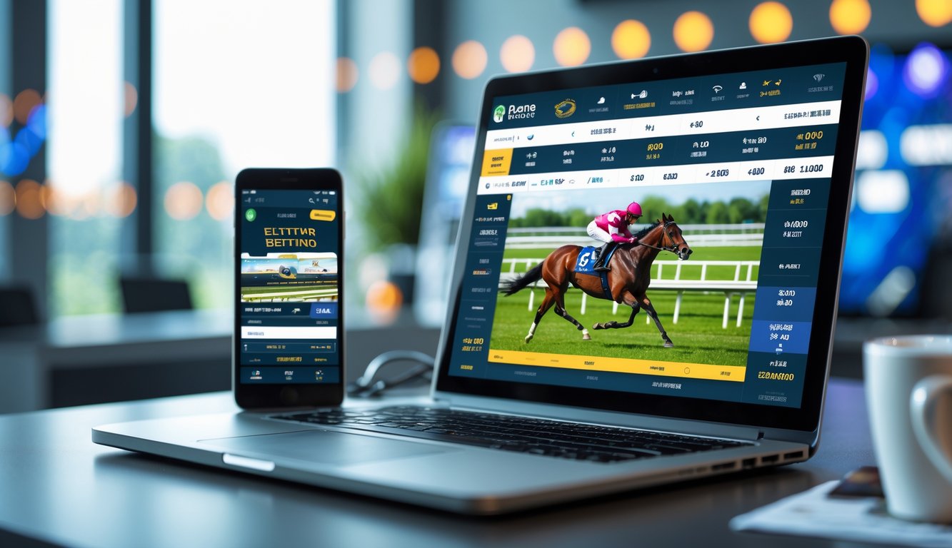 Seorang pria menggunakan laptop dengan layar menampilkan balapan kuda, di meja terdapat ponsel dan secangkir kopi dalam ruangan kantor yang terang.