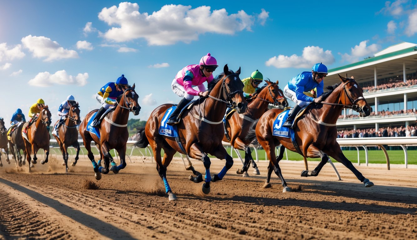 Beberapa kuda pacuan dan joki sedang berlari cepat di lintasan balap dengan tribun penonton penuh dan langit cerah.