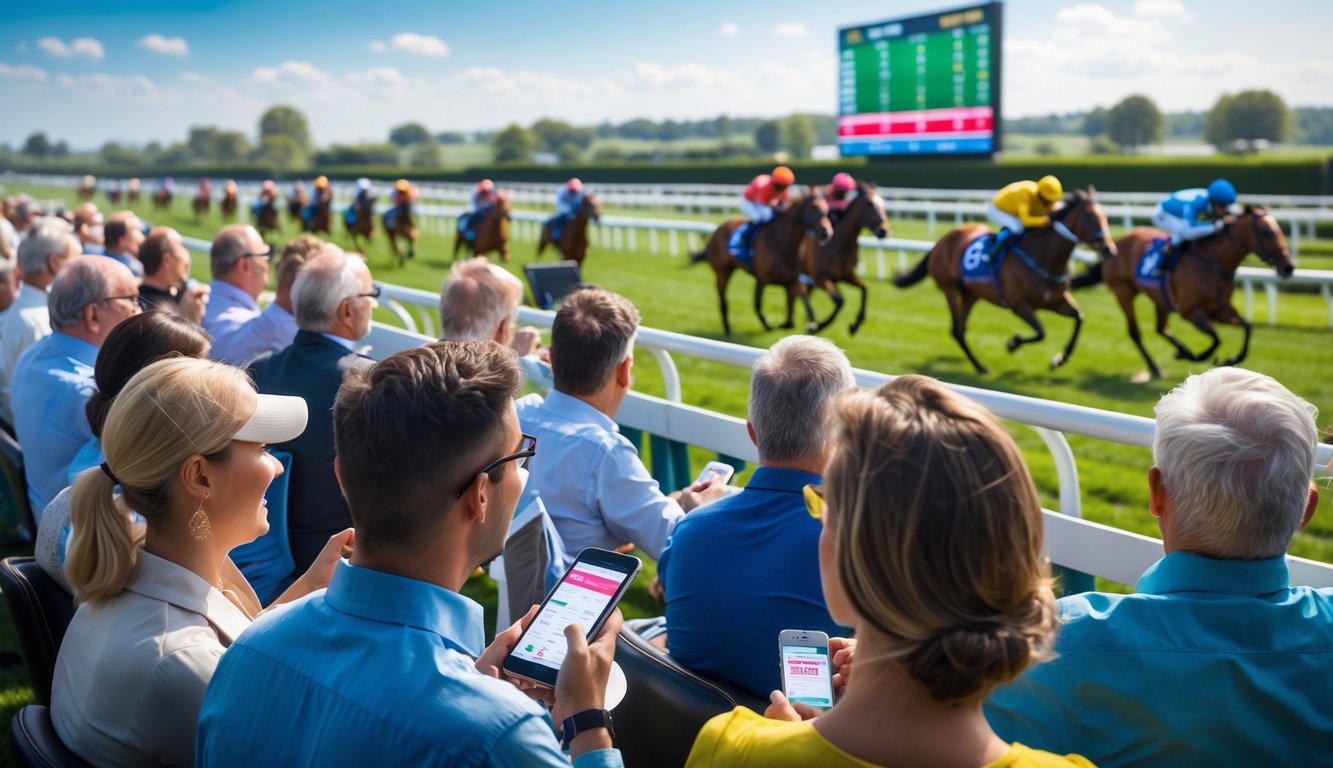 Sejumlah orang sedang menonton dan memasang taruhan pada balapan kuda di lintasan balap yang cerah.